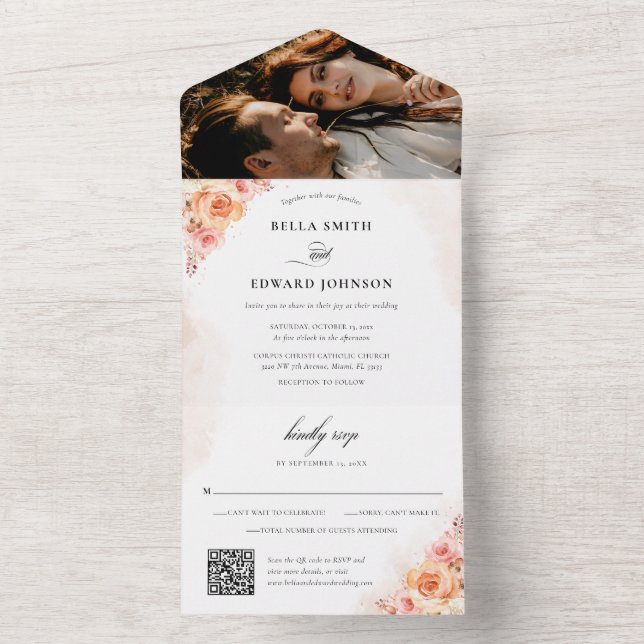Invitación Todo En Uno Elegante Naranja Peach Floral Photo Boda (Interior)