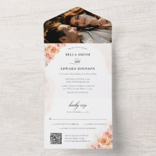 Invitación Todo En Uno Elegante Naranja Peach Floral Photo Boda