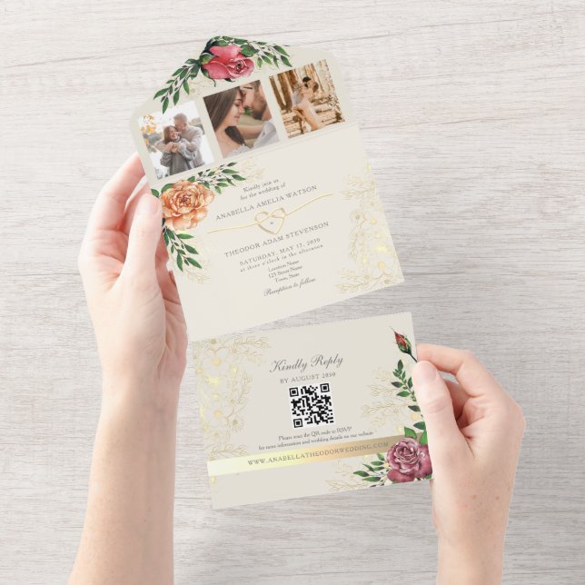 Invitación Todo En Uno Elegante Naranja rosa Boda floral (desgarro)