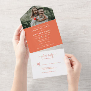 Invitación Todo En Uno Elegante Naranja Sunset caligrafía Boda de fotogra