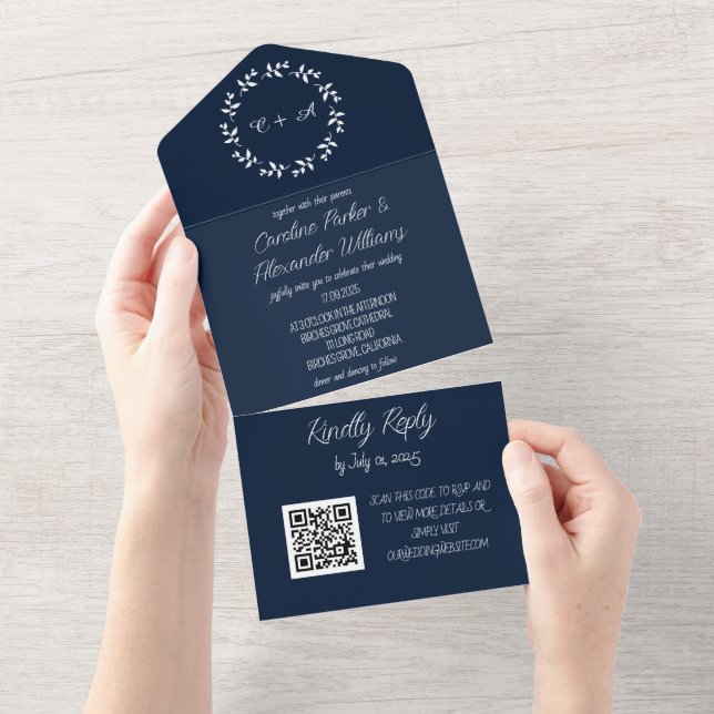 Invitación Todo En Uno Elegante Navy Blue Script Moderno RSVP Código QR T (desgarro)