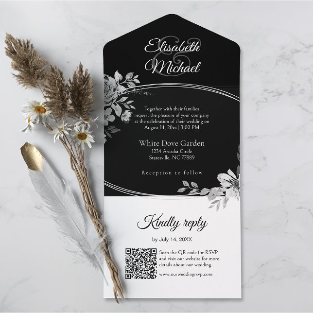 Invitación Todo En Uno Elegante negro Código QR Boda de Monograma Floral  (All-in-one wedding invitation with QR code to RSVP - Simplify and save time for you and your guests.)