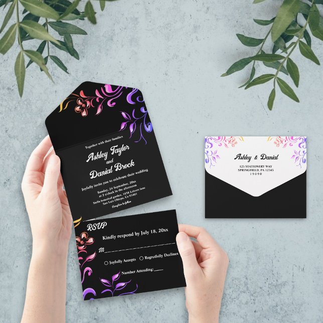 Invitación Todo En Uno Elegante Neon Luces Rosas Boda Floral Negro (Subido por el creador)
