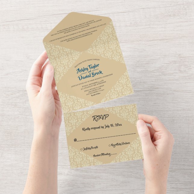 Invitación Todo En Uno Elegante Ornate Damask Script Beige Classic Boda (desgarro)