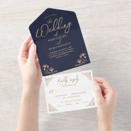 Invitación Todo En Uno Elegante oro Art Deco sobre azul Todo en un boda