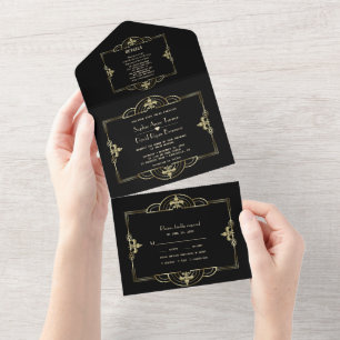 Invitación Todo En Uno Elegante Oro Negro Gran Gatsby Art Deco Boda