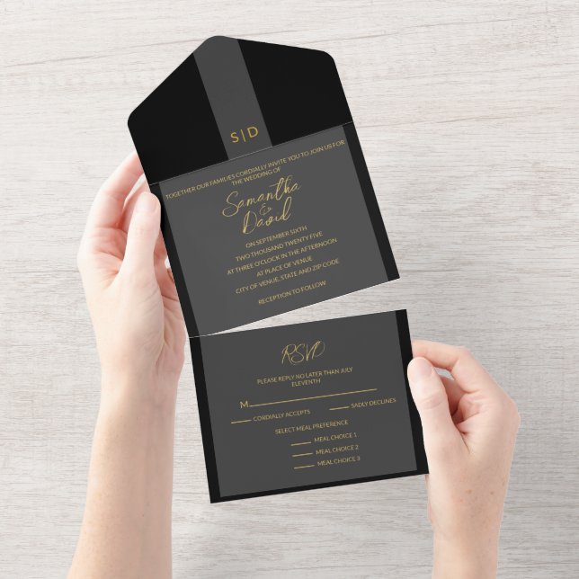 Invitación Todo En Uno Elegante oro negro todo en una sola boda (desgarro)