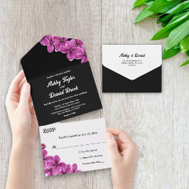 Invitación Todo En Uno Elegante Orquídea Flor Negra Verano Floral Boda