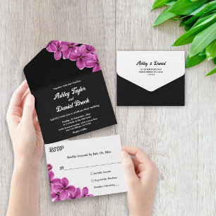 Invitación Todo En Uno Elegante Orquídea Flor Negra Verano Floral Boda