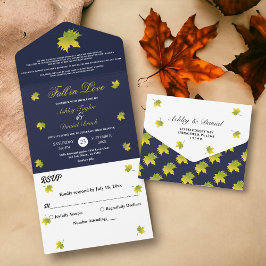 Invitación Todo En Uno Elegante otoño rústico deja a Boda de Moda azul de