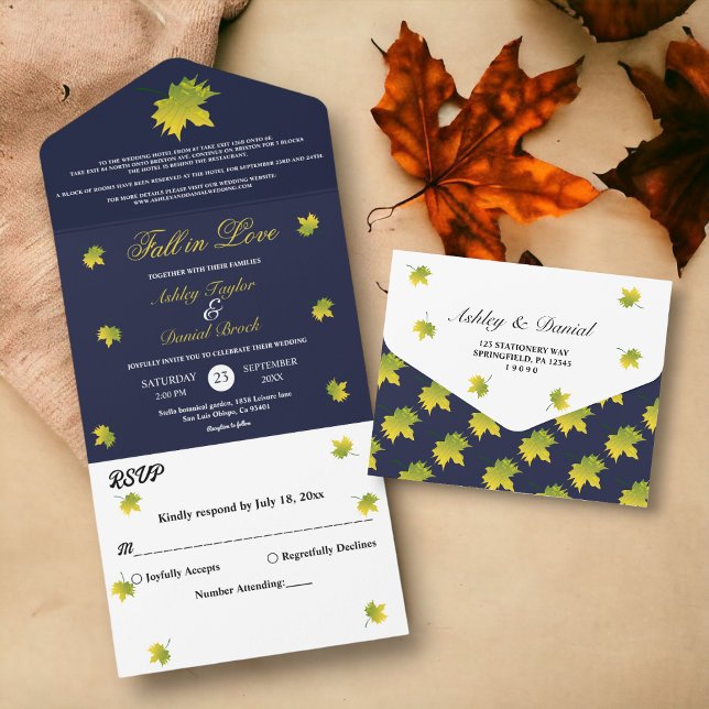 Invitación Todo En Uno Elegante otoño rústico deja a Boda de Moda azul de (Subido por el creador)