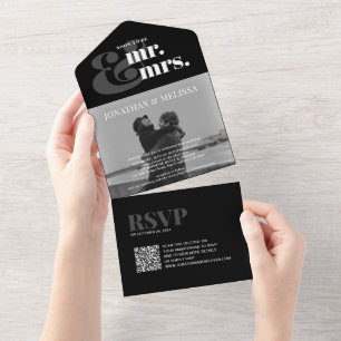 Invitación Todo En Uno Elegante Overlay Photo Script código QR Boda negro