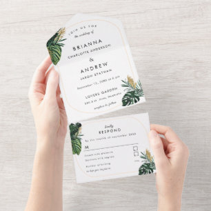 Invitación Todo En Uno Elegante, Palm Verde, Borde Oro (Imitación)