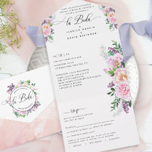 Invitación Todo En Uno Elegante Pastel Español Boda Púrpura Tear RSVP