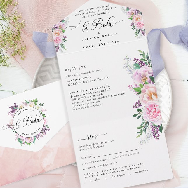 Invitación Todo En Uno Elegante Pastel Español Boda Púrpura Tear RSVP (Subido por el creador)