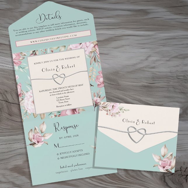 Invitación Todo En Uno Elegante pastel floral rosa y Boda azul (Subido por el creador)