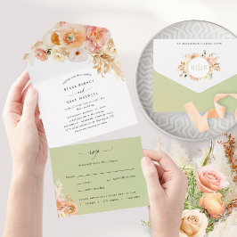 Invitación Todo En Uno Elegante Peach y Boda floral verde con RSVP A