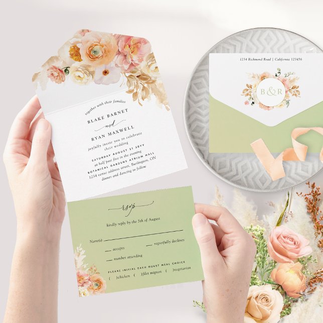 Invitación Todo En Uno Elegante Peach y Boda floral verde con RSVP A (Subido por el creador)