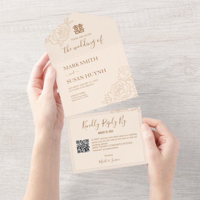 Invitación Todo En Uno Elegante Peony chino invitado a una boda (desgarro)