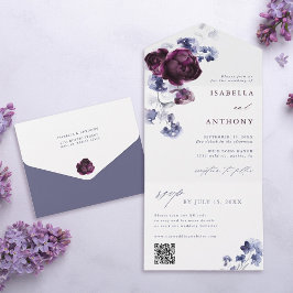 Invitación Todo En Uno Elegante Plum Purple & Indigo Blue Floral Boda