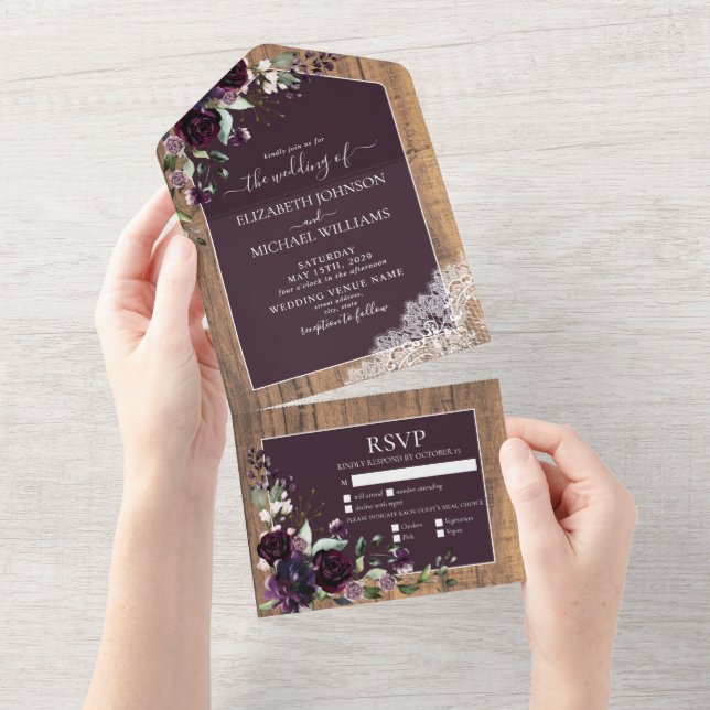 Invitación Todo En Uno Elegante Plum Purple Rustic Wood Lace Boda (desgarro)