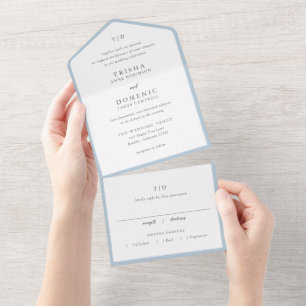 Invitación Todo En Uno Elegante Polvo Azul Monograma Moderno Boda