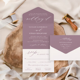 Invitación Todo En Uno Elegante Polvo de Bodas con Caligrafía en Púrpura