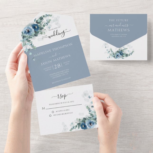 Invitación Todo En Uno Elegante Polvo Floral Azul Aquarela Boda (Subido por el creador)