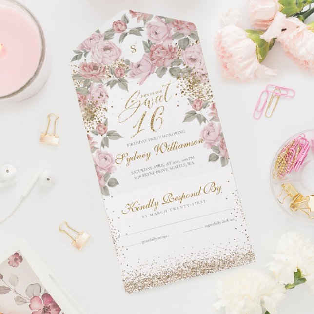 Invitación Todo En Uno Elegante Purpurina de oro rosado Peony Sweet 16 cu (Subido por el creador)