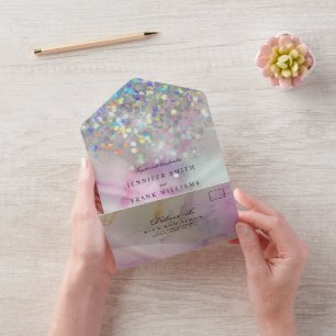 Invitación Todo En Uno Elegante Purpurina Holográfico de Mármol de tinta 