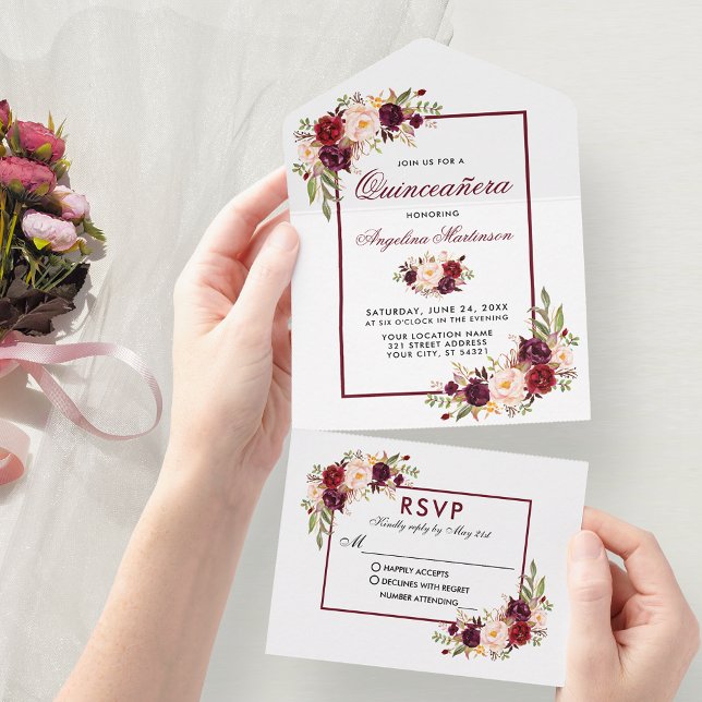 Invitación Todo En Uno Elegante Quinceanera acuarela Borgoña Floral (Customize to change text size, color or text style.)