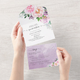 Invitación Todo En Uno Elegante Quinceañera Floral Púrpura Todo