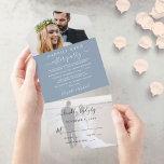 Invitación Todo En Uno Elegante recepción de 2 fotos de una boda azul tur<br><div class="desc">Elegante elegancia azul polvoriento todo en uno o invitación boda privada y invitación a la recepción de boda con una postal RSVP desgarradora que ofrece una cómoda respuesta sin sobres de sus invitados. Este diseño presenta su foto en el flap interior superior, "Feliz eterno después del Fiesta" en una mezcla...</div>