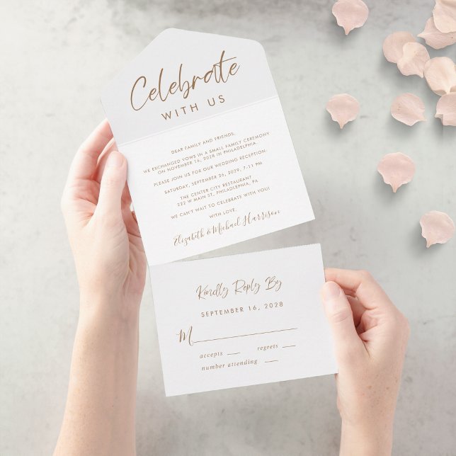 Invitación Todo En Uno Elegante recepción de Boda con Guión Dorado (Subido por el creador)