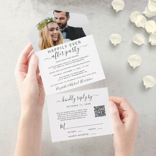 Invitación Todo En Uno Elegante recepción de matrimonio con código QR (An chic Happily Ever After Party all-in-one invitation for your wedding celebration)