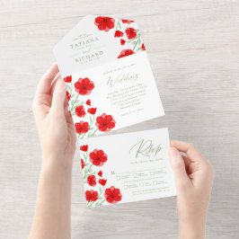 Invitación Todo En Uno Elegante Red Watercolor Poppy Floral Garden Weddin
