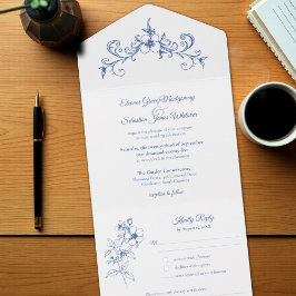 Invitación Todo En Uno Elegante Romance de época Dusty Blue Floral Boda