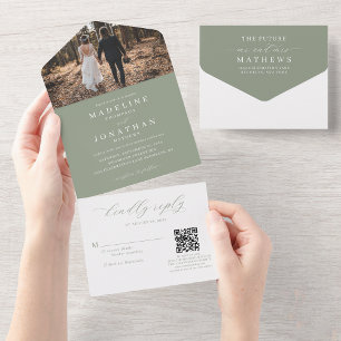 Invitación Todo En Uno Elegante Romántico Boda de código Sage Green Photo