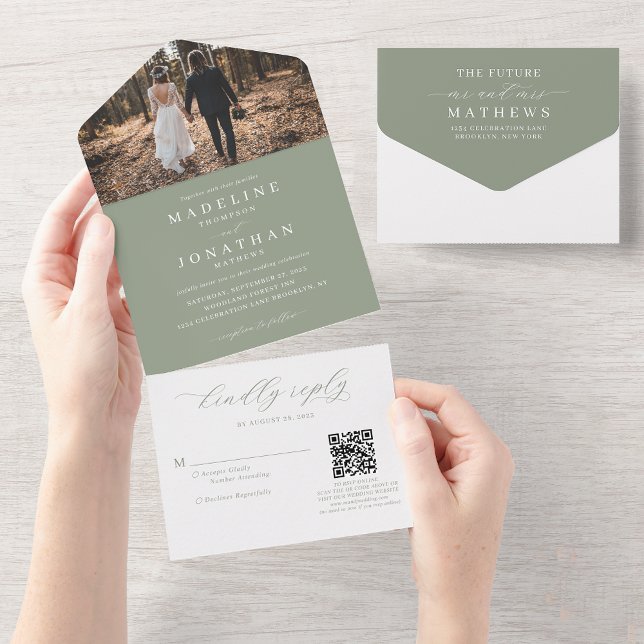 Invitación Todo En Uno Elegante Romántico Boda de código Sage Green Photo (Subido por el creador)
