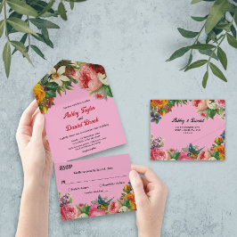 Invitación Todo En Uno Elegante romántico Boda floral de verano rosado Ru