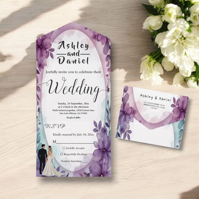 Invitación Todo En Uno Elegante Romántico Bride Groom Boda Purple Floral (Subido por el creador)