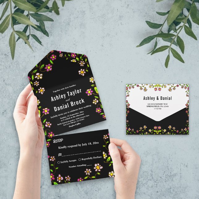 Invitación Todo En Uno Elegante Romántico Flores Brillantes Boho Boda Flo (Subido por el creador)