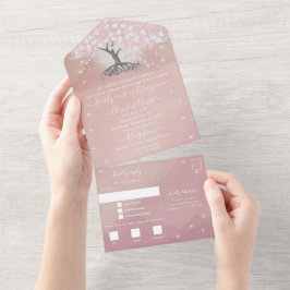 Invitación Todo En Uno Elegante Rosa Boda de árbol de hojas de corazón ro