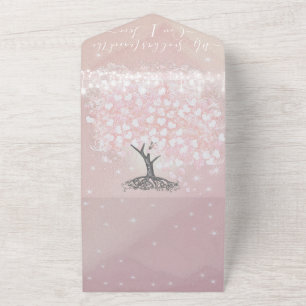 Invitación Todo En Uno Elegante Rosa Boda de árbol de hojas de corazón ro