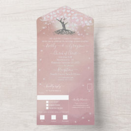 Invitación Todo En Uno Elegante Rosa Boda de árbol de hojas de corazón ro