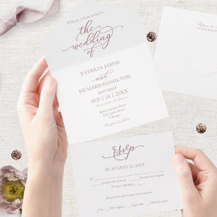 Invitación Todo En Uno Elegante Rosa Boda de caligrafía de oro