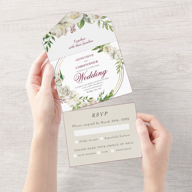 Invitación Todo En Uno Elegante Rosa Boda de Champagne Gold en Borgoña (desgarro)