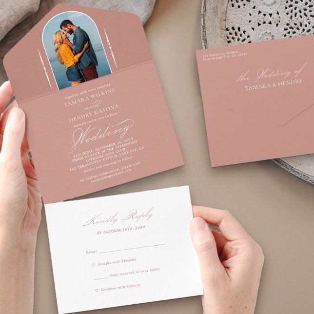 Invitación Todo En Uno Elegante Rosa de caligrafía  de oro Foto Boda RSVP (Subido por el creador)