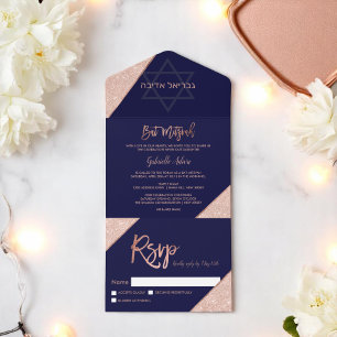 Invitación Todo En Uno Elegante rosa dorado brillo azul marino Bat Mitzva
