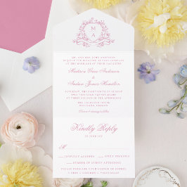 Invitación Todo En Uno Elegante Rosa Escudo floral rosa Monograma Boda